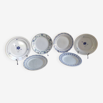 6 old mismatched blue/white plates St Amand, Moulin des loups