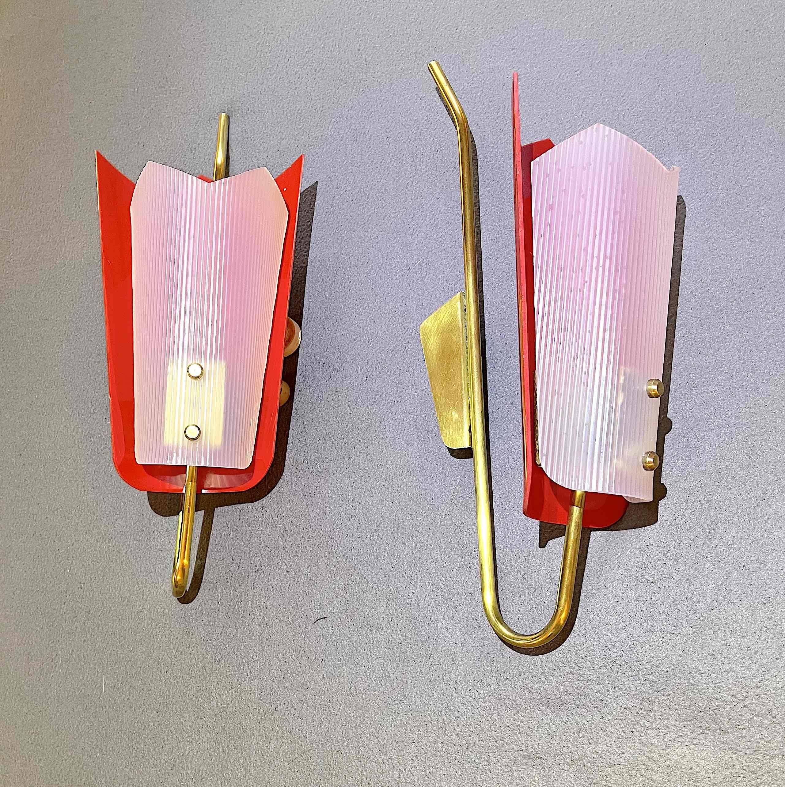 Gande Pair of Red Sconces in Brass and Pespex, Italy, Mid-Century