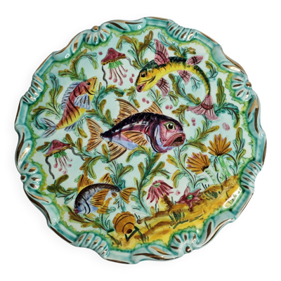 Plat décoratif vintage Cerart Monaco décor poissons céramique signée, 37 cm