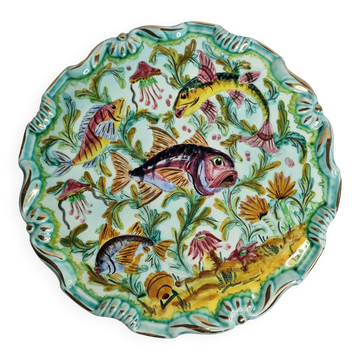 Vintage decorative dish Cerart Monaco fish decor signed ceramic, 37 cm