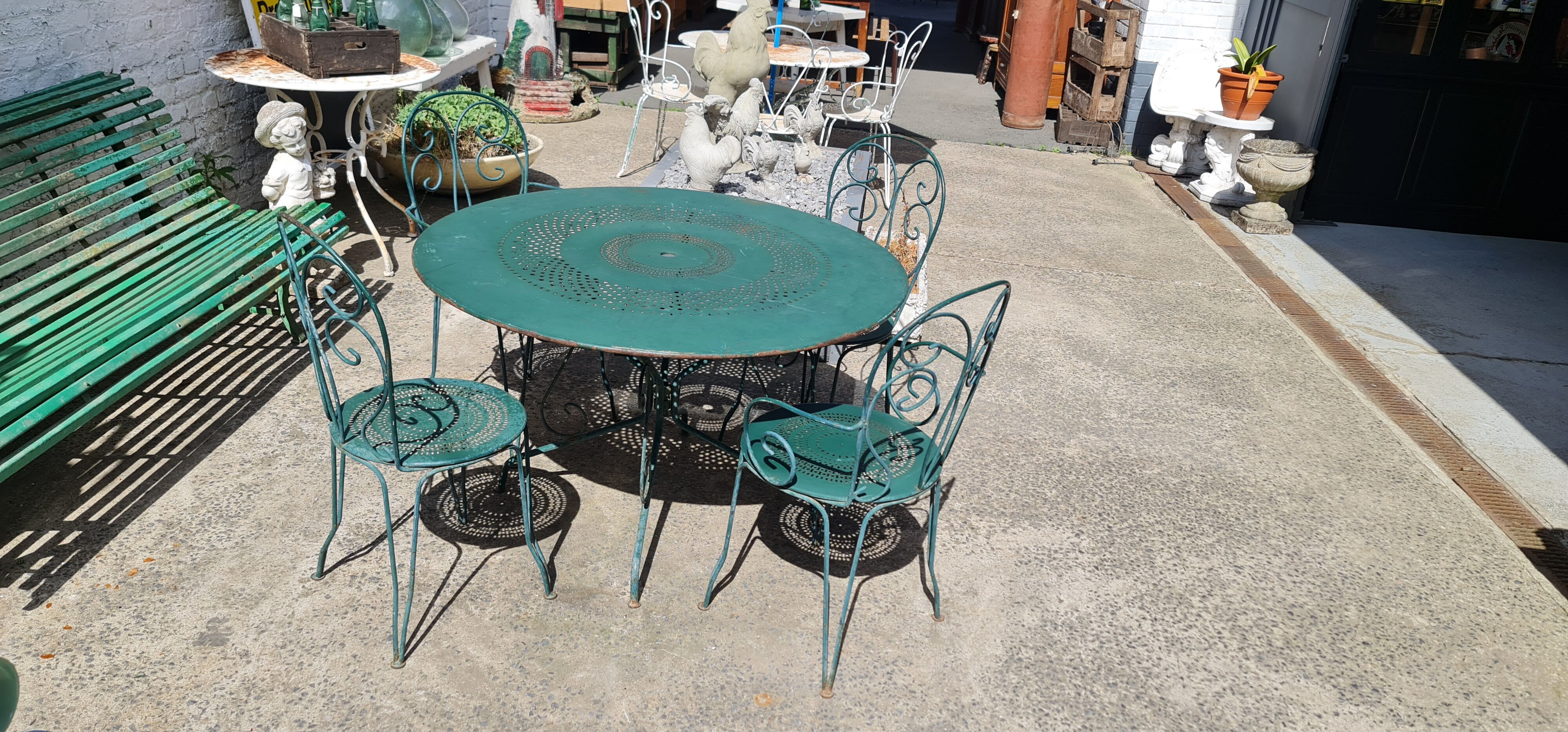 Garden furniture green wrought iron table two chairs and two armchairs