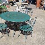 Garden furniture green wrought iron table two chairs and two armchairs