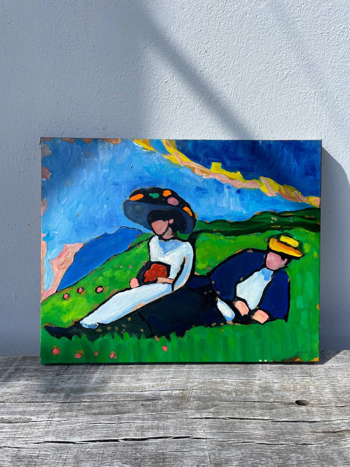 Tableau huile sur toile campagne couple