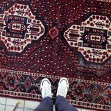 Vintage 1950s Persian Afshar rug, tribal double medallion, red field, 148cm x 211cm