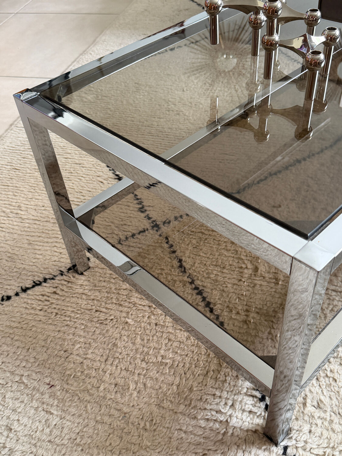 Table Basse Vintage Chrome & Verre Fumé (Style Belgo Chrom)