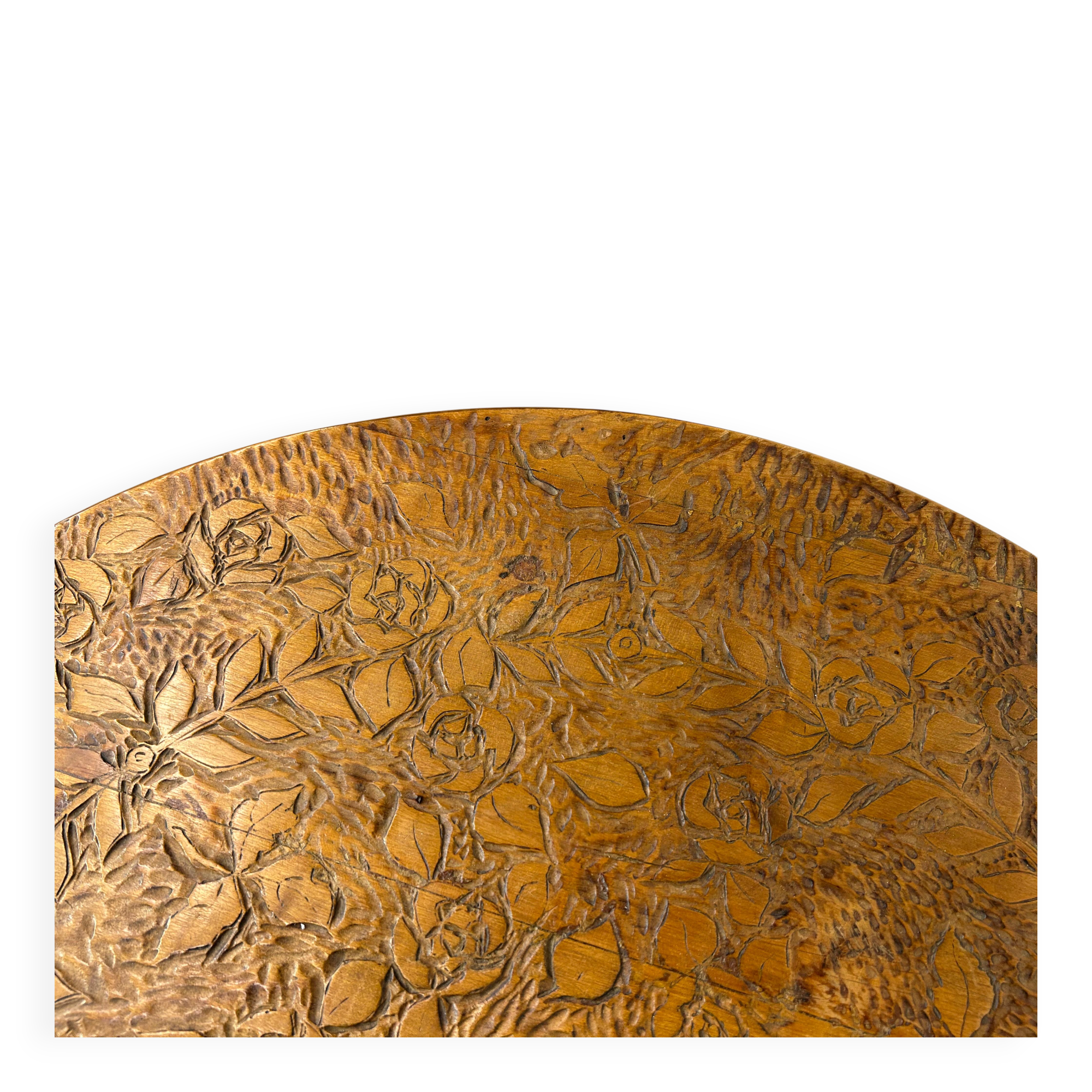 Round Art Nouveau coffee table with a sculpted top.