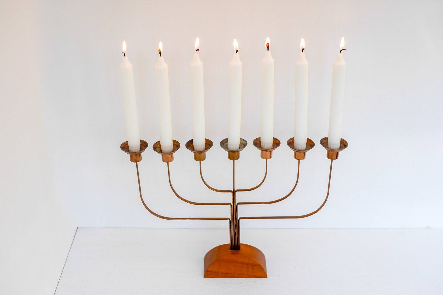 Large vintage brass and elm candelabra, 1940s