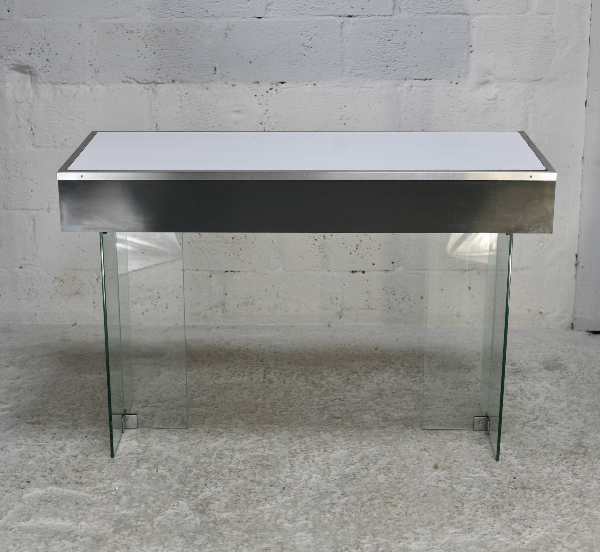 Modernist console, 60s, glass base, wooden and melamine top, white