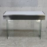 Modernist console, 60s, glass base, wooden and melamine top, white