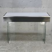 Modernist console, 60s, glass base, wooden and melamine top, white