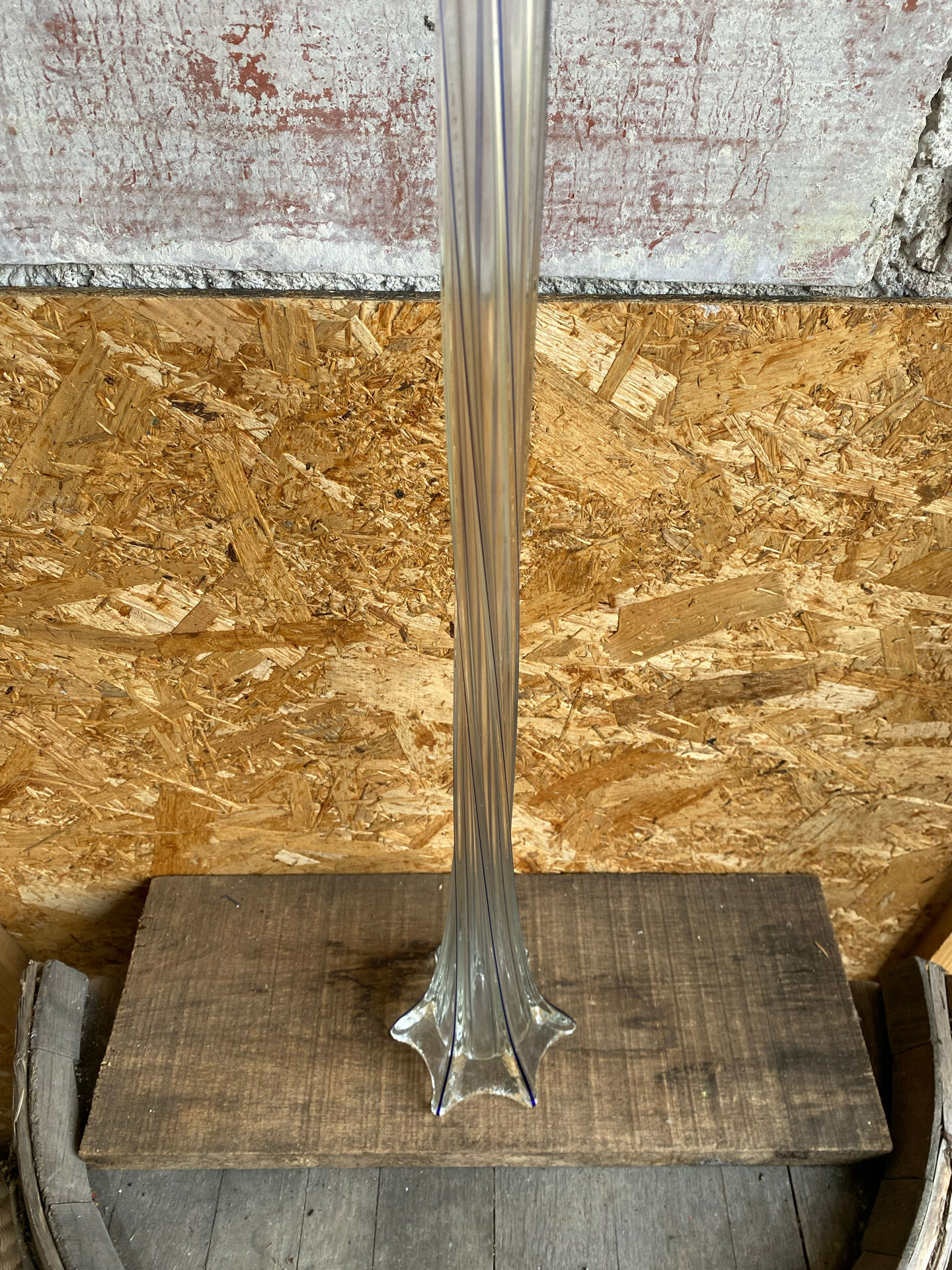 Large Antique Glass Flower Vase + Vertical Blue Lines 80cm Vintage