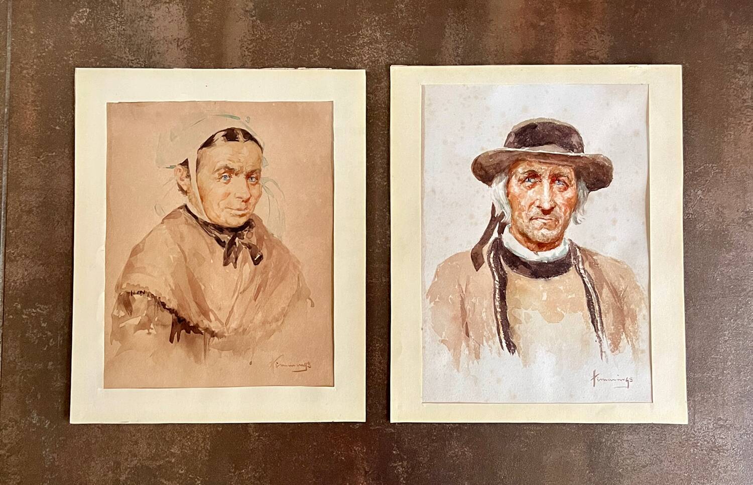 2 watercolor portraits painting signed Robert Hemmings