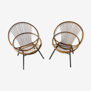 Paire de fauteuils corbeille en rotin