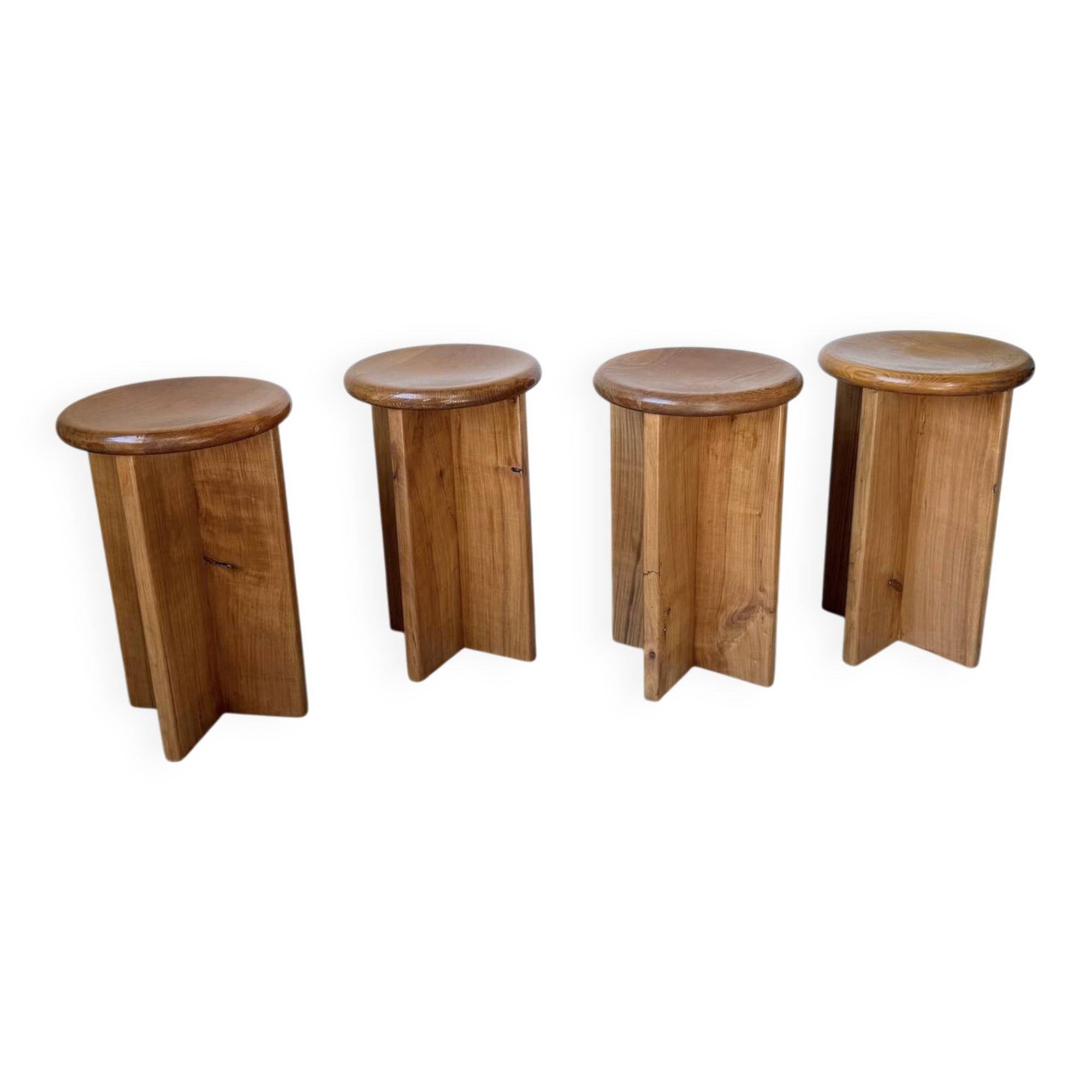 Set of 4 oak stools from the 1950s, constructivist style.