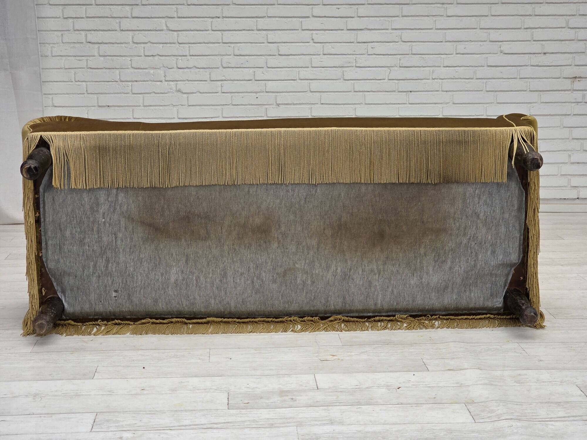 1950s, 2 seater sofa/daybed, light green furniture velour, ash wood legs.