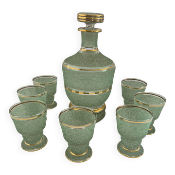 Vintage green and gold granite liqueur service – decanter + 7 glasses A658