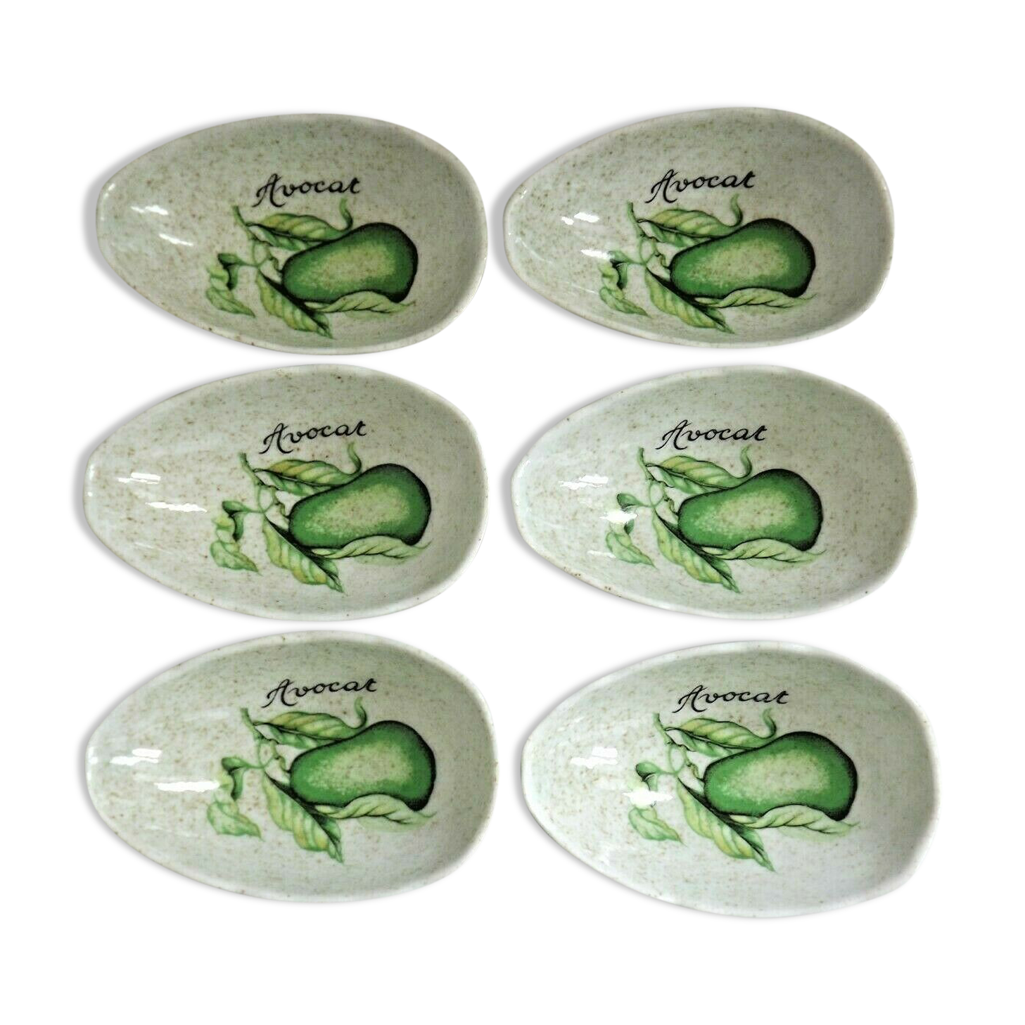 Set of 6 French Vintage Decorated Avocado Serving Dishes By Carte Blanche