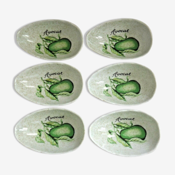 Set of 6 French Vintage Decorated Avocado Serving Dishes By Carte Blanche