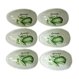 Set of 6 French Vintage Decorated Avocado Serving Dishes By Carte Blanche