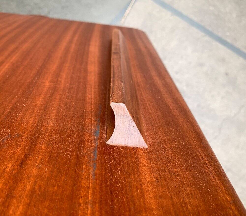 Folding table in teak with Norwegian alminette from the mid-century by F.M. Produkt, Frederiksberg Metalvarefabrik, 1960s.