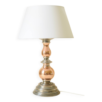 Lampe de table vintage en cuivre étamé avec abat-jour blanc