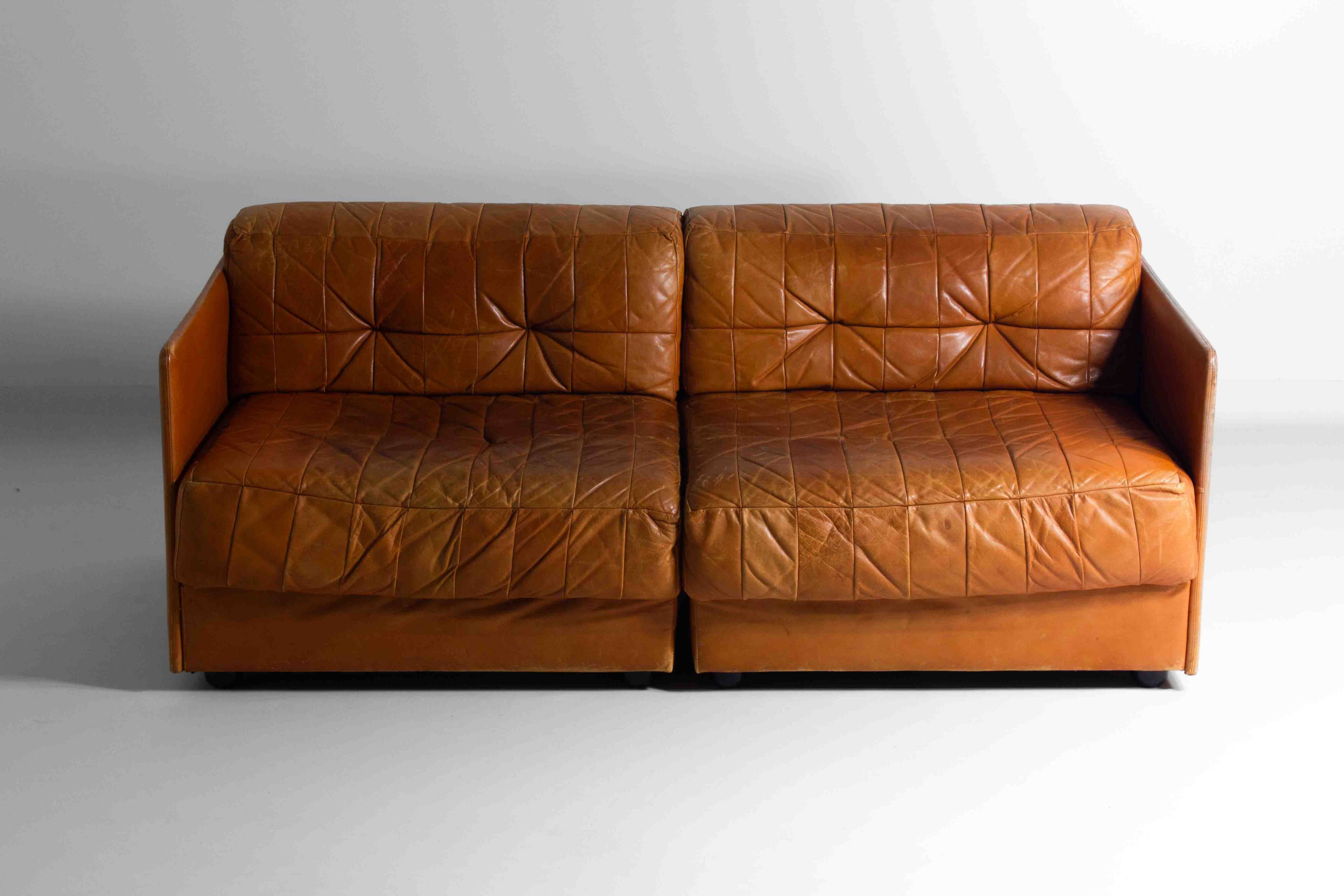 Vintage patchwork leather sofa in caramel leather, Germany 1960s