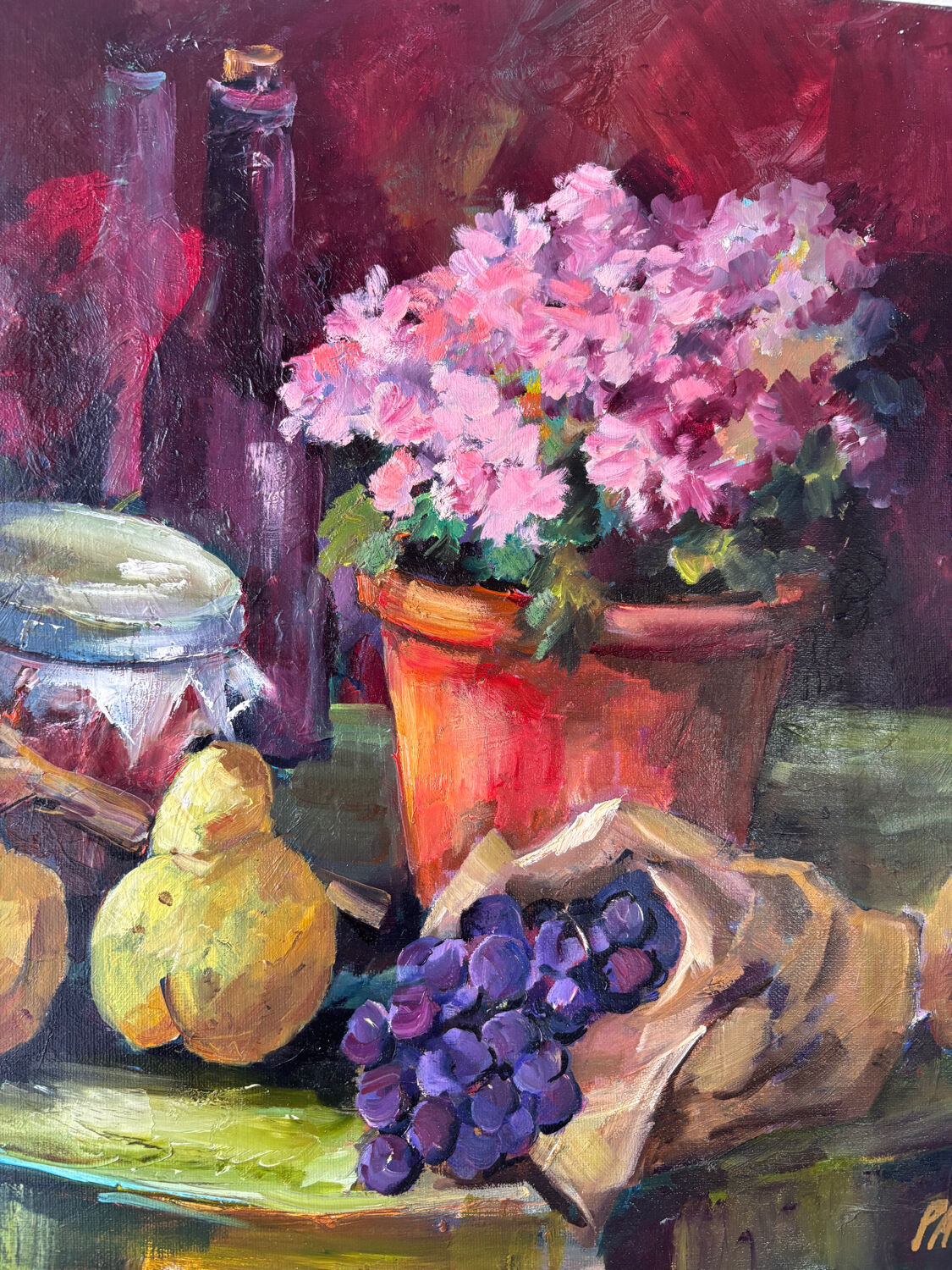 Oil on canvas Azalea grapes and pears signed Paumier