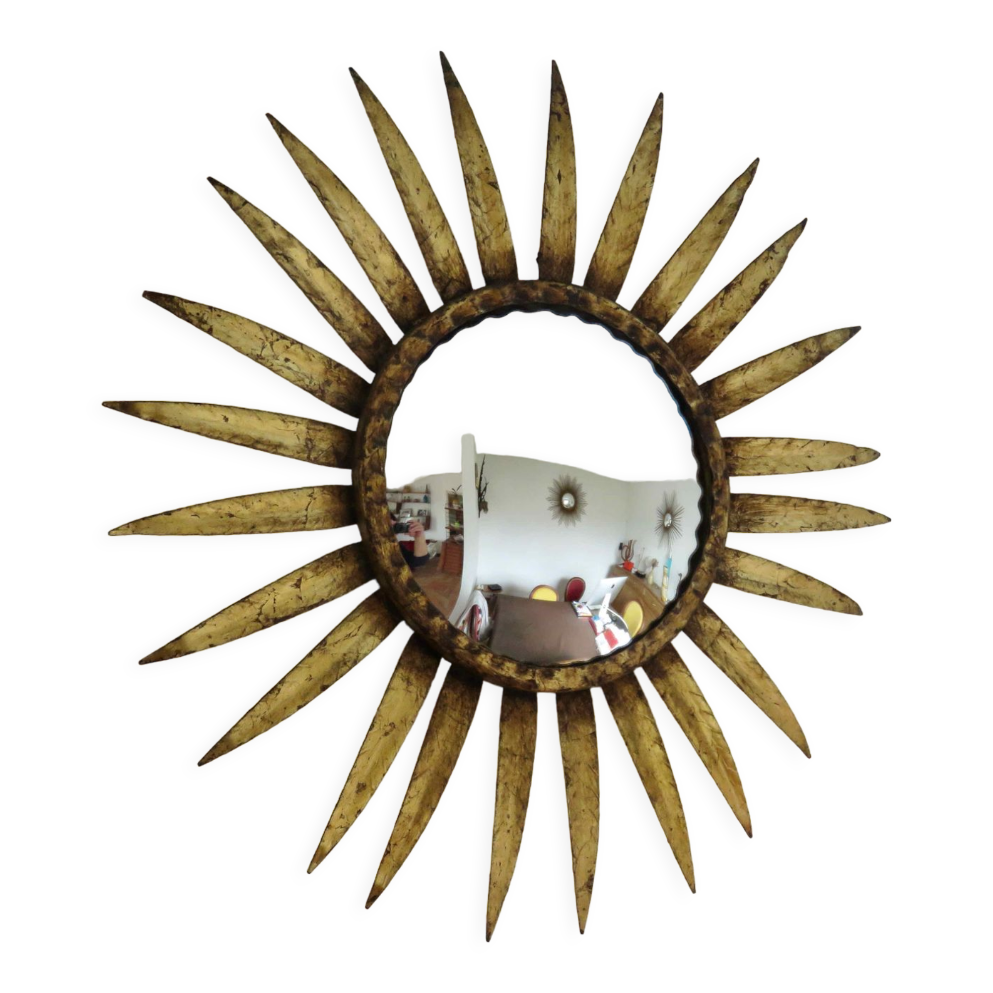 Sun mirror, witch's eye, gilded metal, 70s