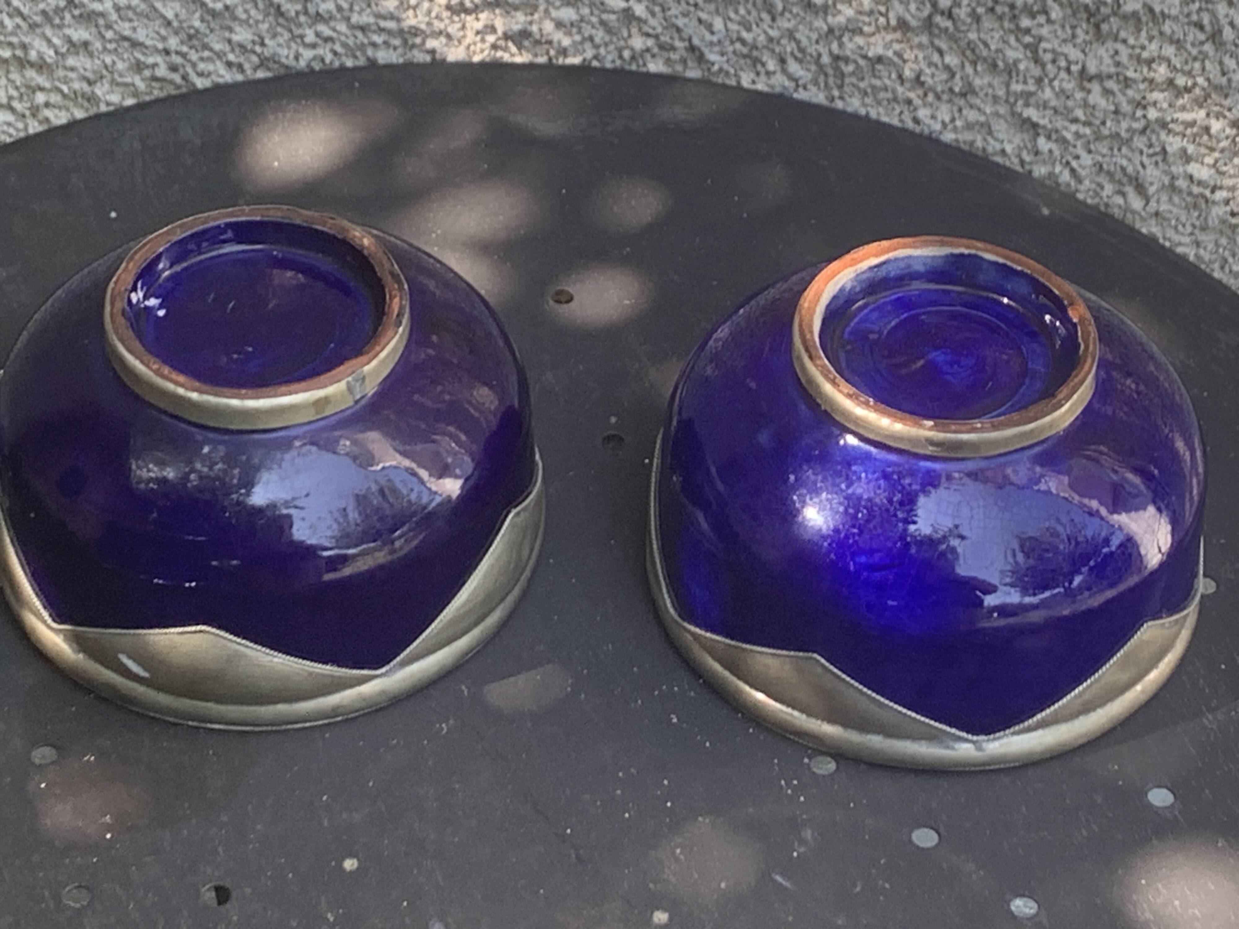 Two blue glazed ceramic and tin bowls, handmade, vintage oriental