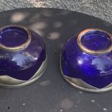 Two blue glazed ceramic and tin bowls, handmade, vintage oriental