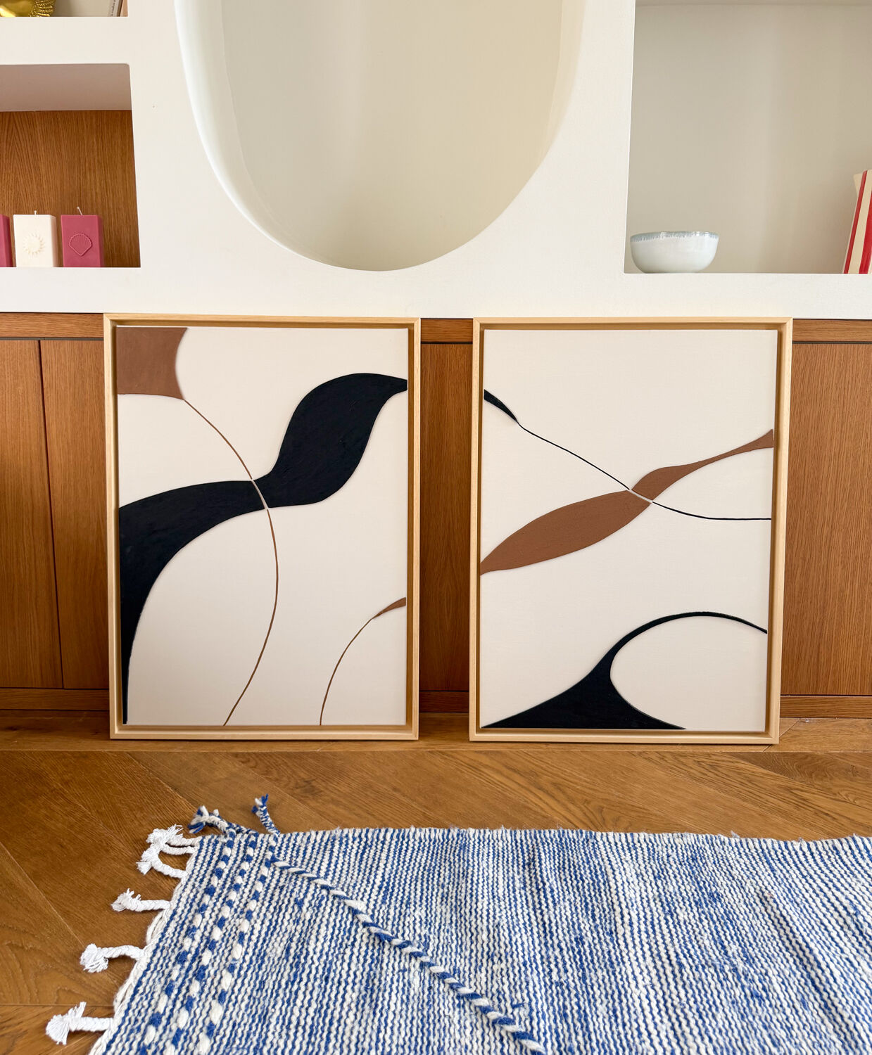 Beige, black, brown diptych design panels.