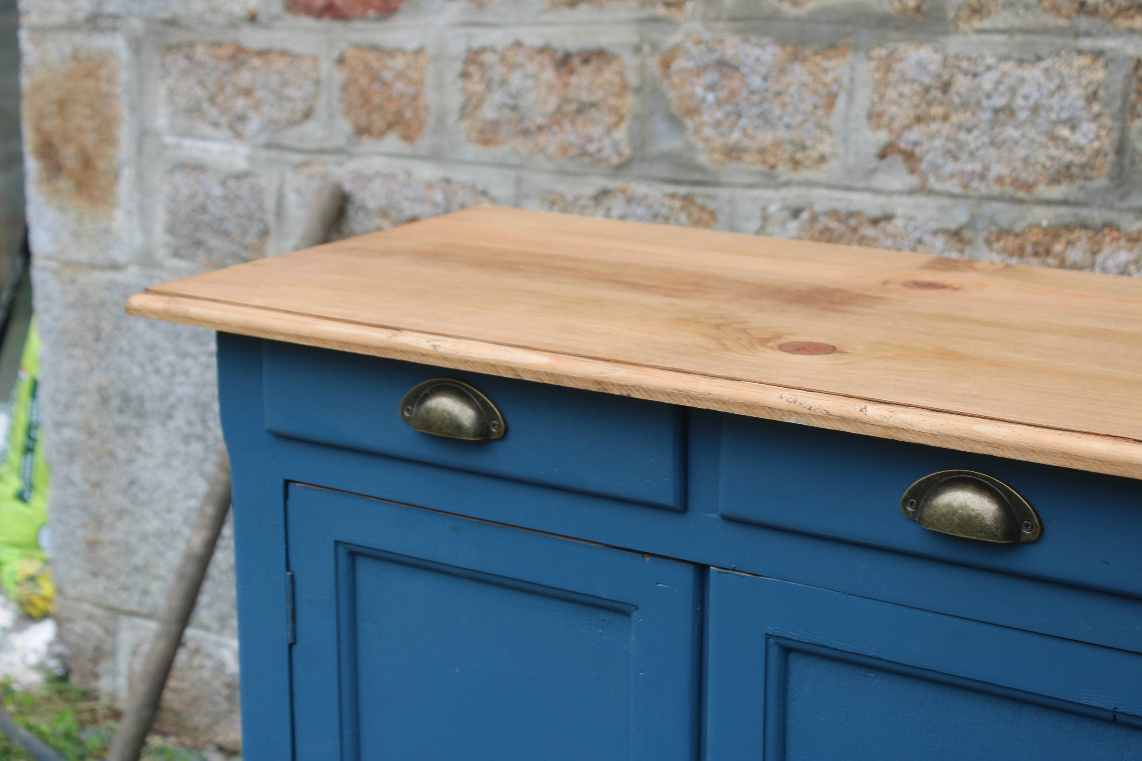 Vintage deep blue Parisian sideboard & natural wood top