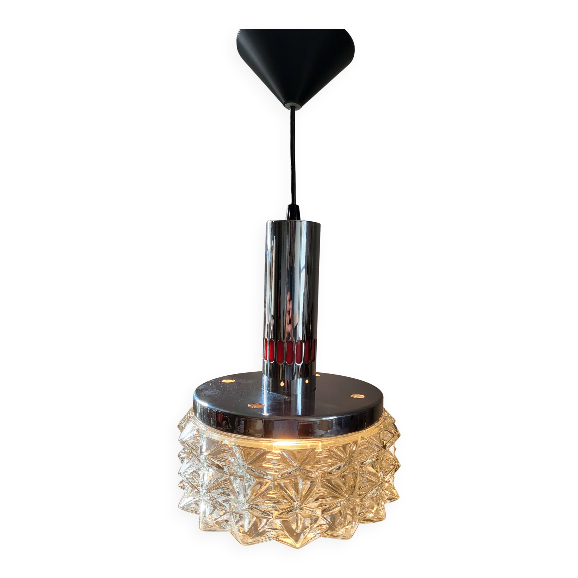 Vintage space age lamp, chromé afwerking en glazen lampenkap, jaren 1960