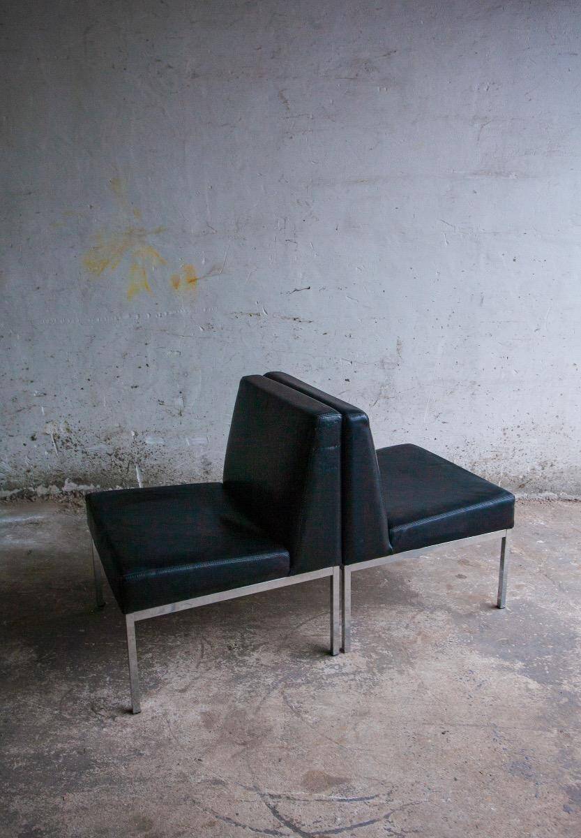 Set of 2 Black Leather Minimalist Lounge Chairs with Brushed Metal Frame