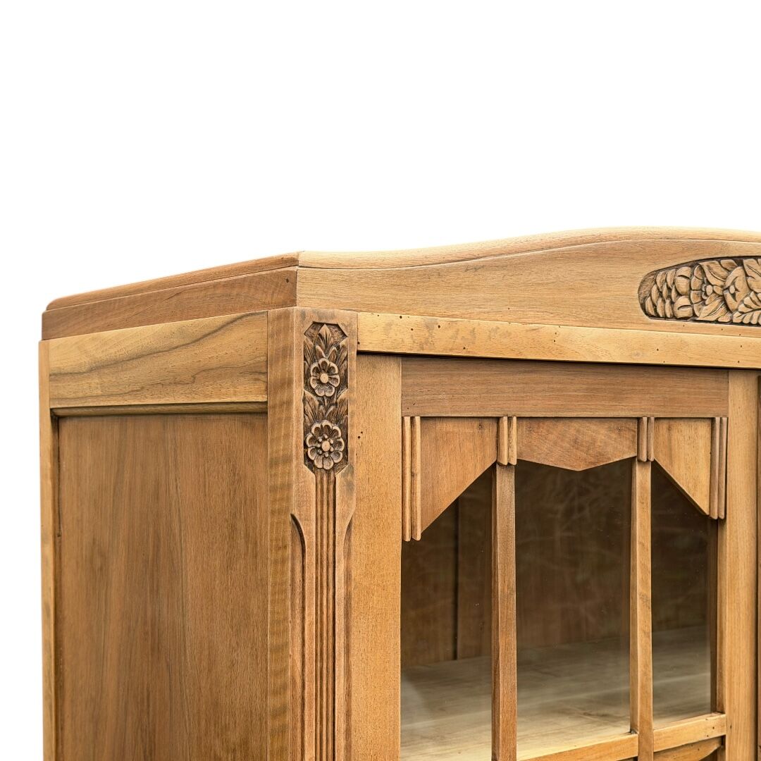 Parisian glass-fronted Art Deco wardrobe in solid raw walnut.