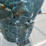 Handmade French ceramic lamp with ivy & frogs in turquoise glaze with gold accents