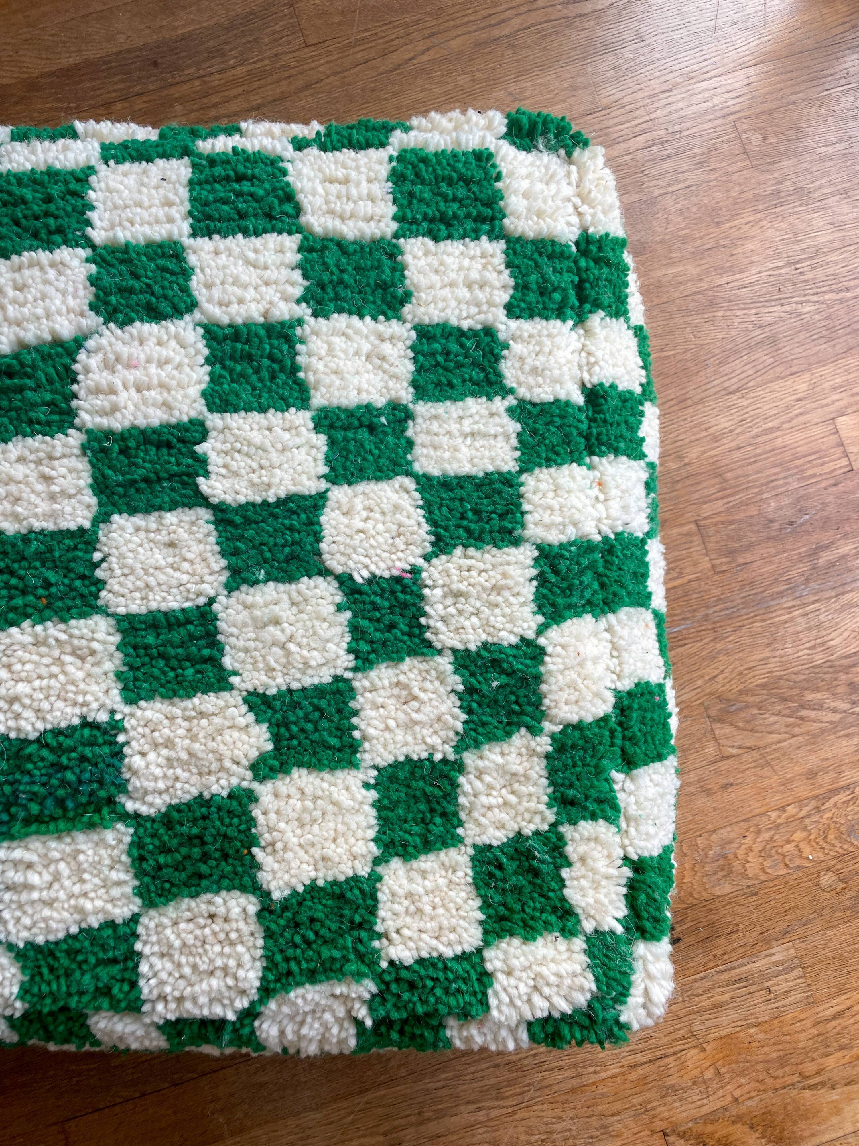 Moroccan Berber pouf with fir green and bohemian off-white checkered