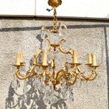 Lustre à pampilles 9 feux monumental en bronze doré et cristal suspension