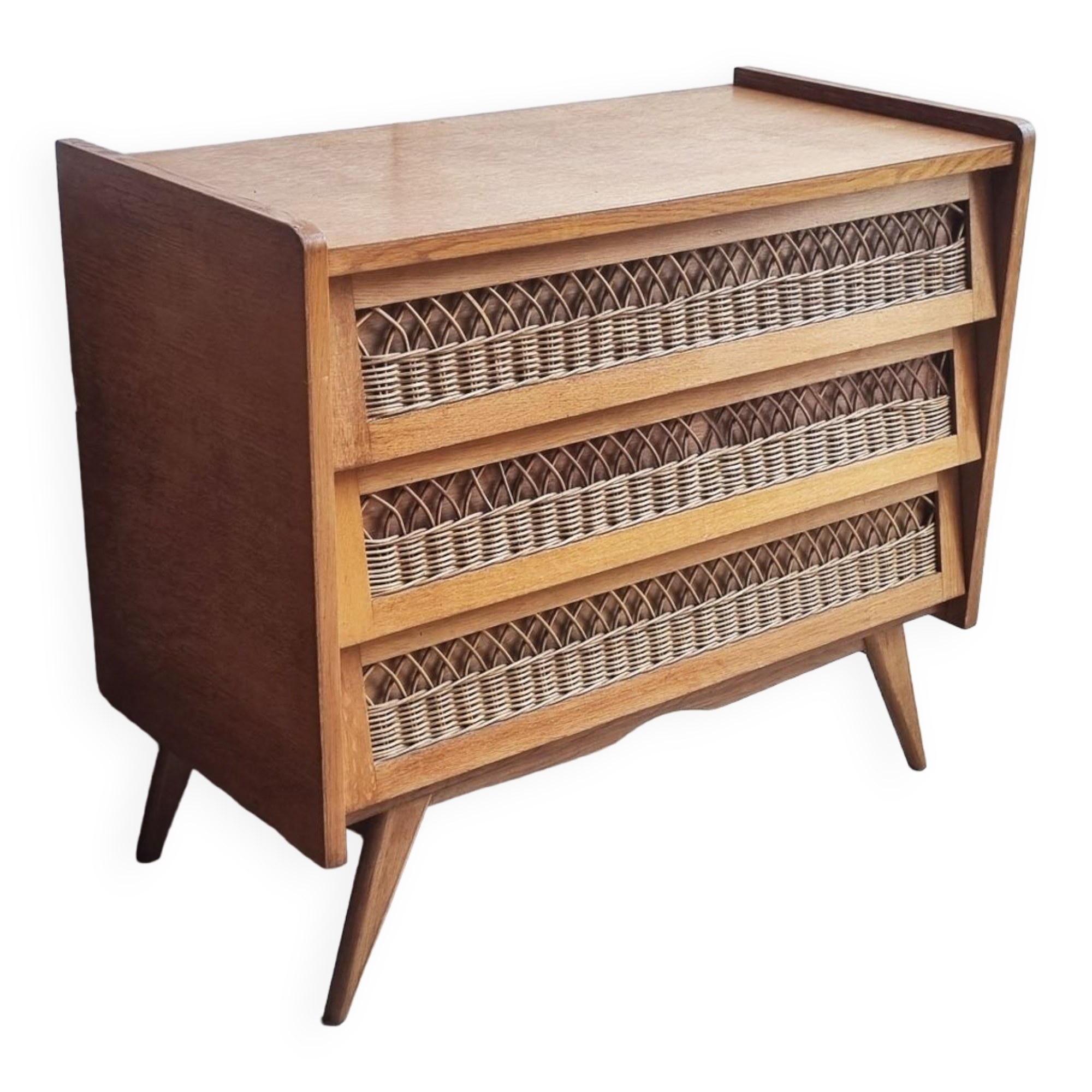 Wood chest of drawers and rattan cross, vintage, 60s