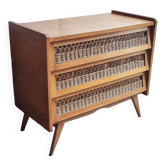 Wood chest of drawers and rattan cross, vintage, 60s