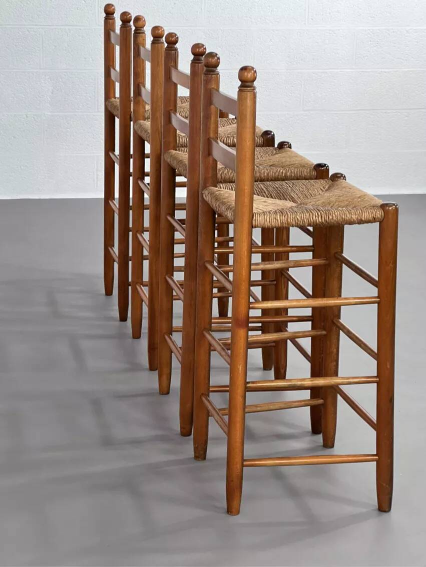 Set of 4 50s bar stools in wood and woven straw seat