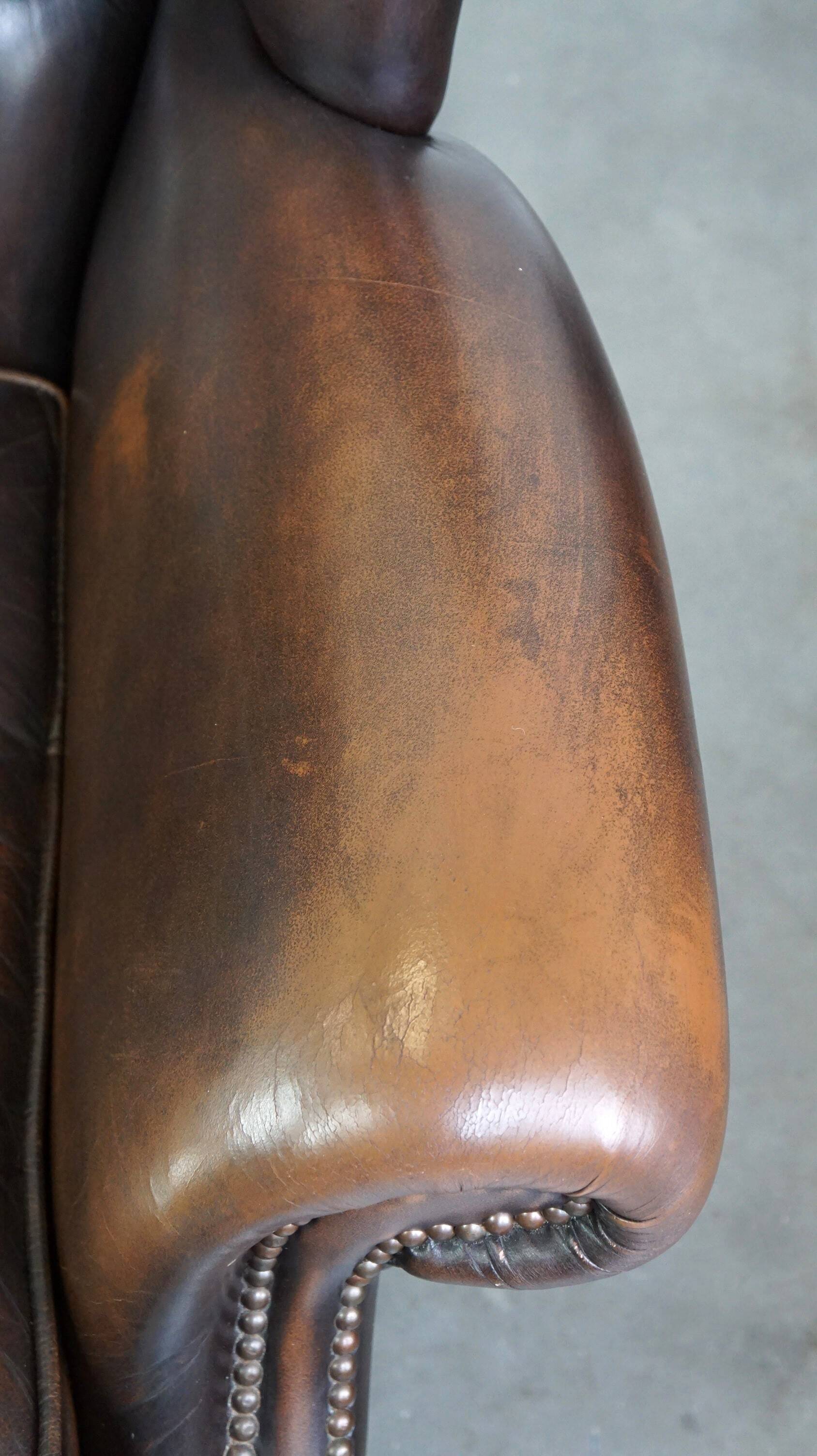 Chesterfield wing chair in dark brown leather with a luxurious appearance