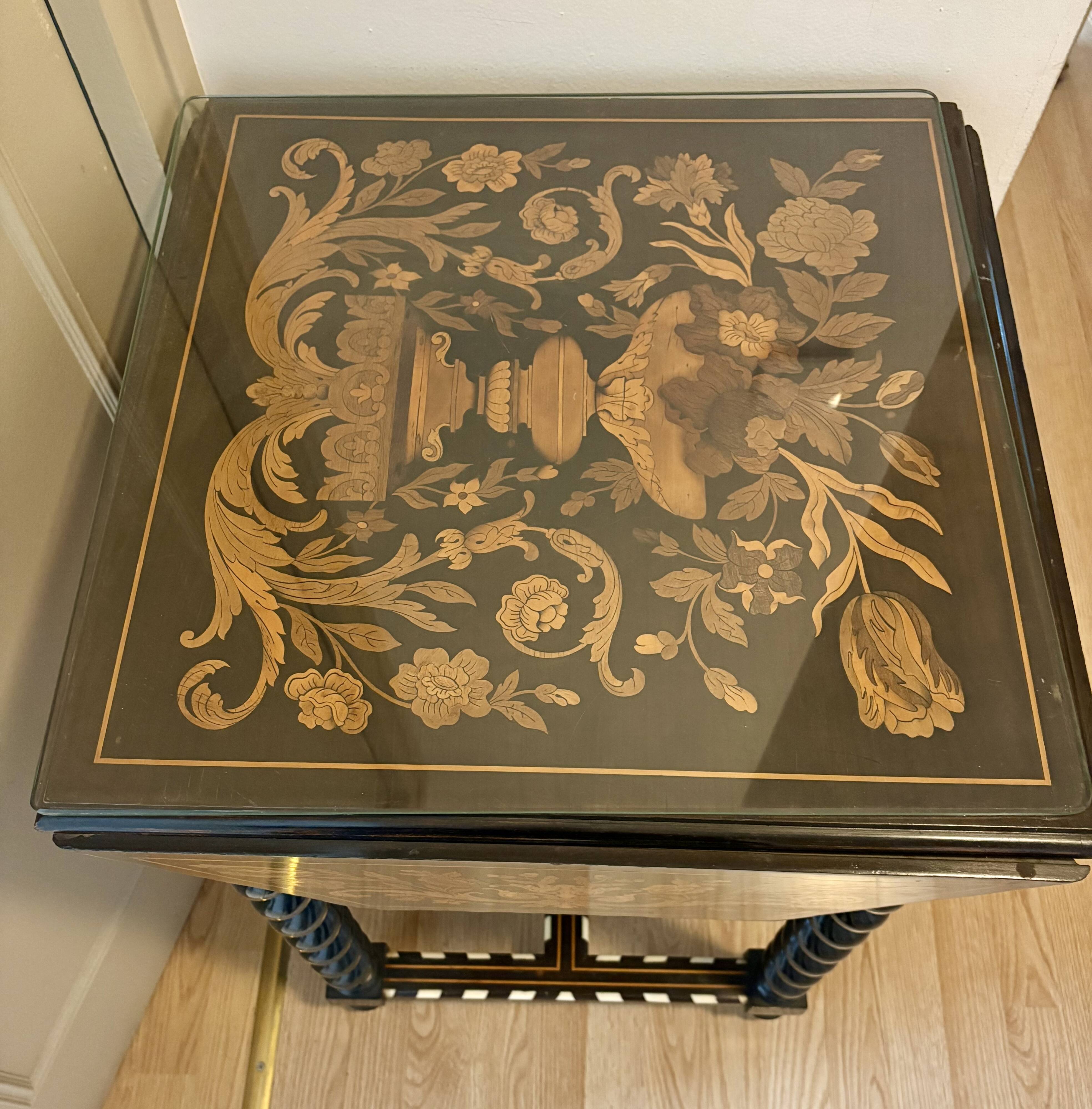 19th-century antique Holland table with floral marquetry.