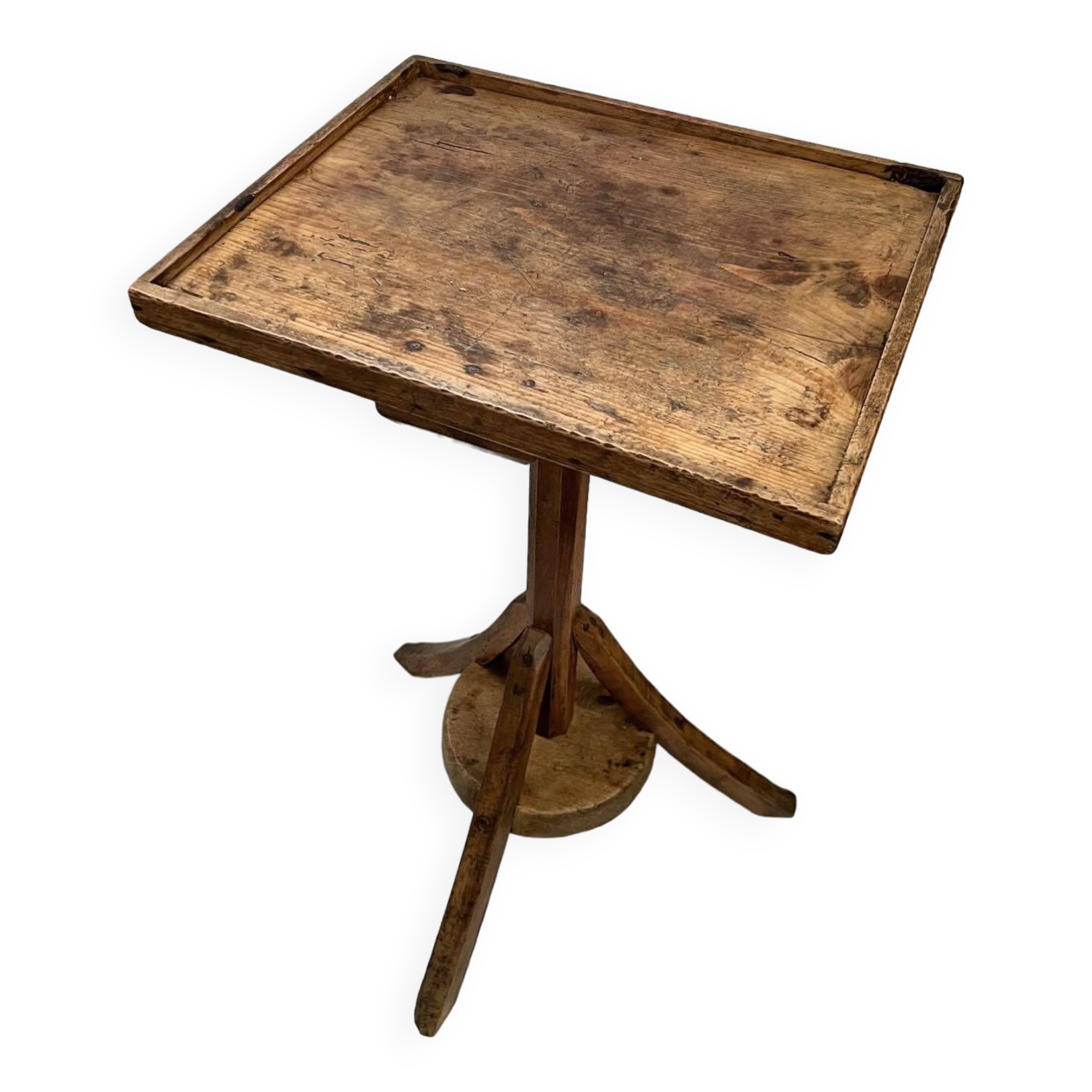 Old primitive wooden tripod pedestal table
