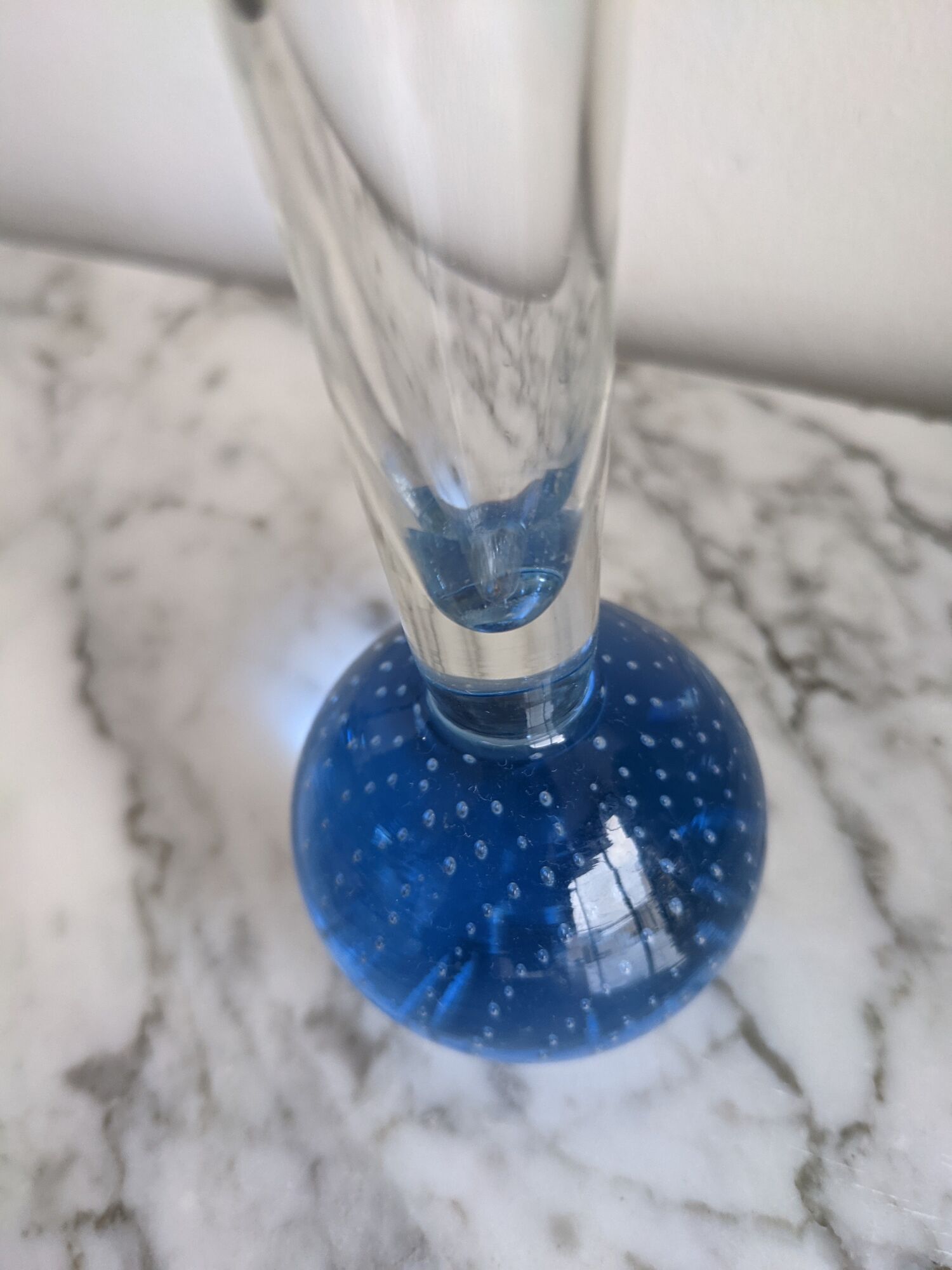 Vintage fine soliflore glass vase with blue ball in bubbled glass Murano at the base