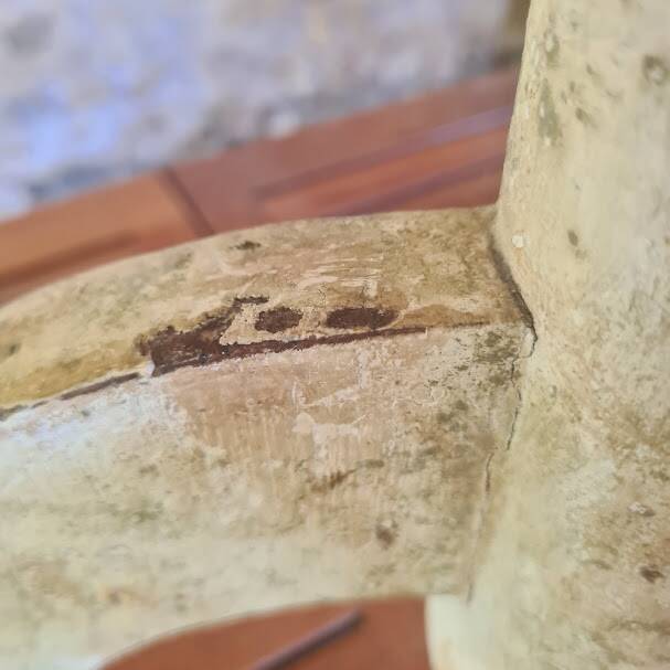 Side table, patinated pedestal table with natural pigments