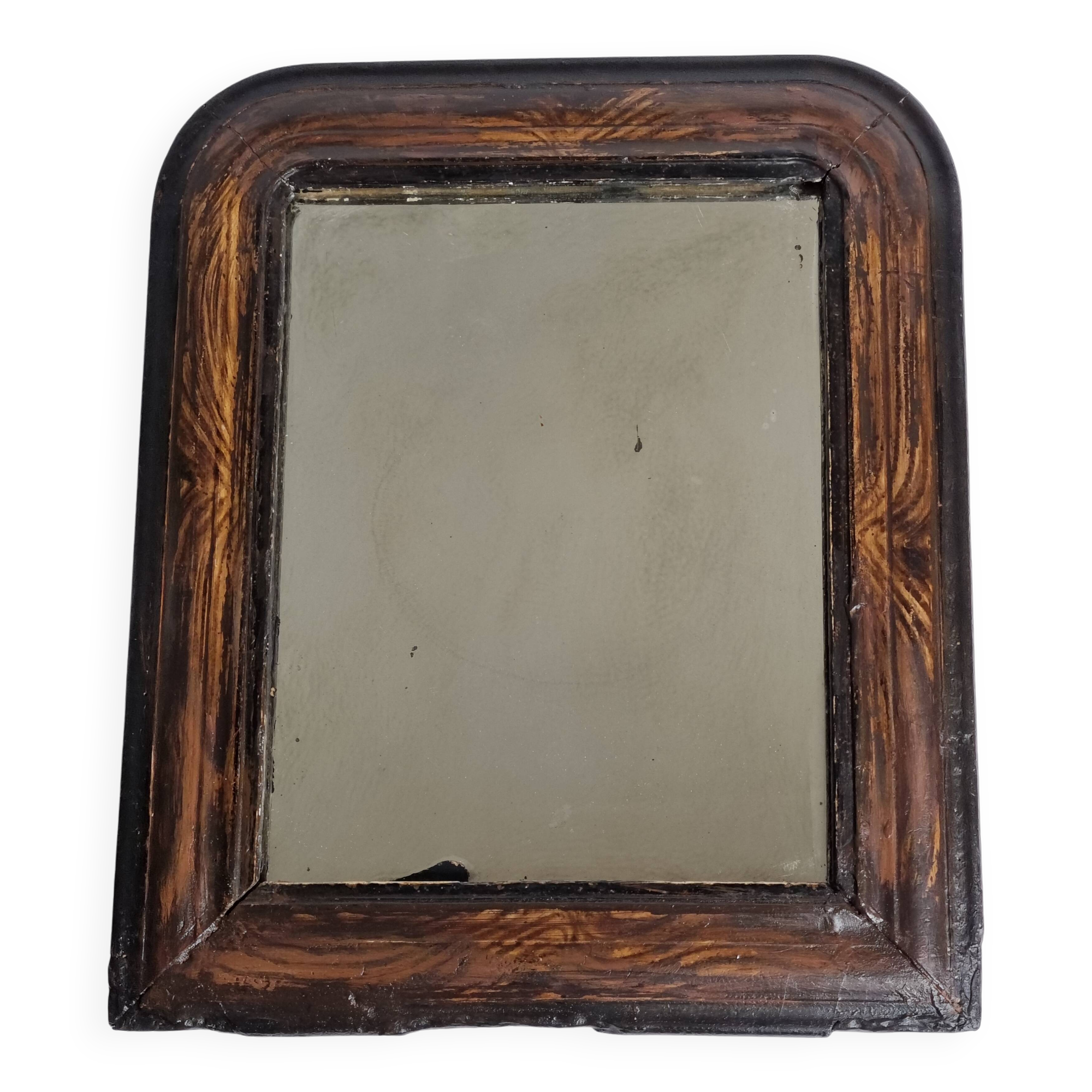 Antique Louis-Philippe mirror, painted wood imitation wood, 30 x 37 cm, 19th century
