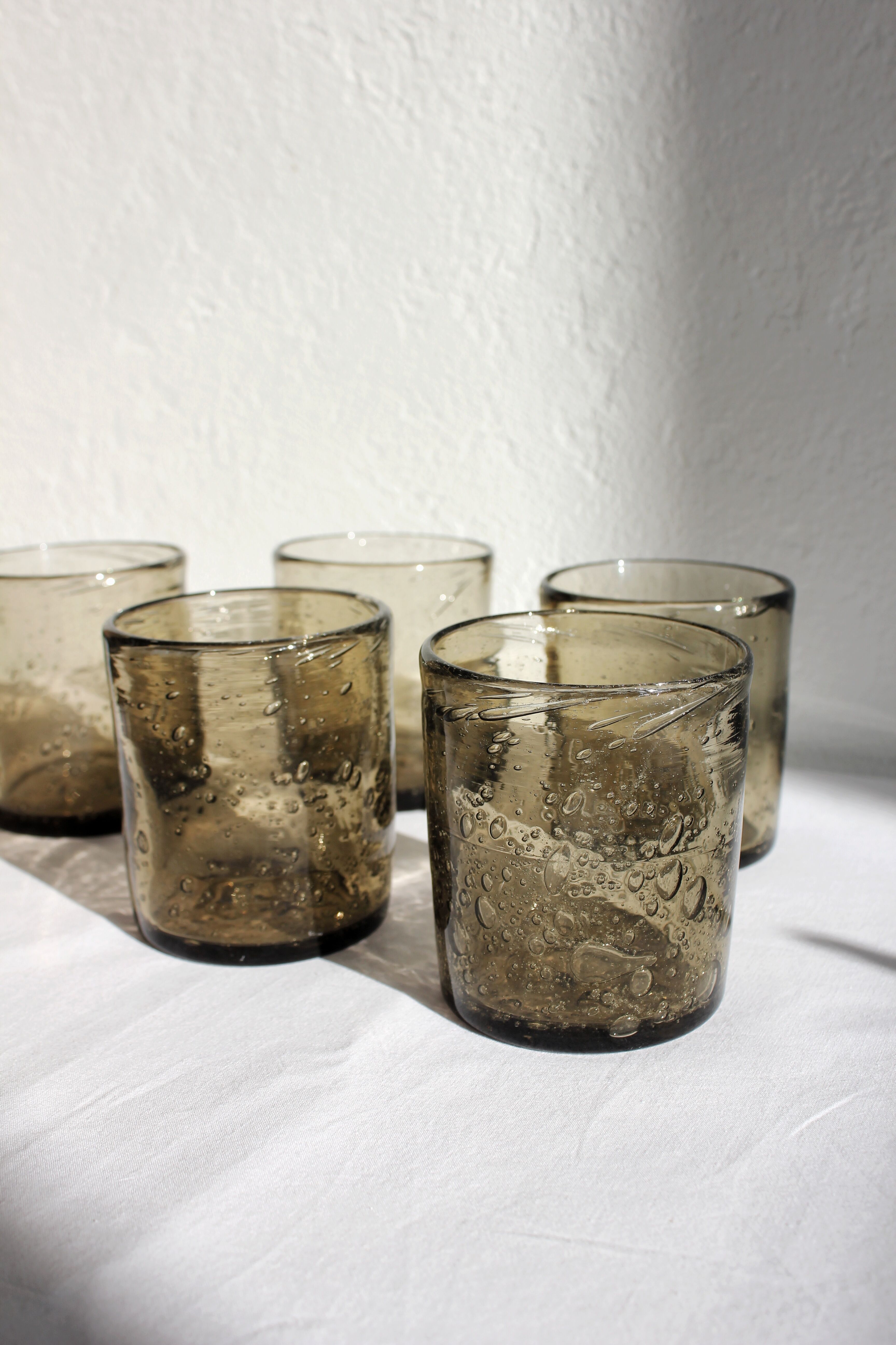 5 vintage water glasses in smoked bubbled glass