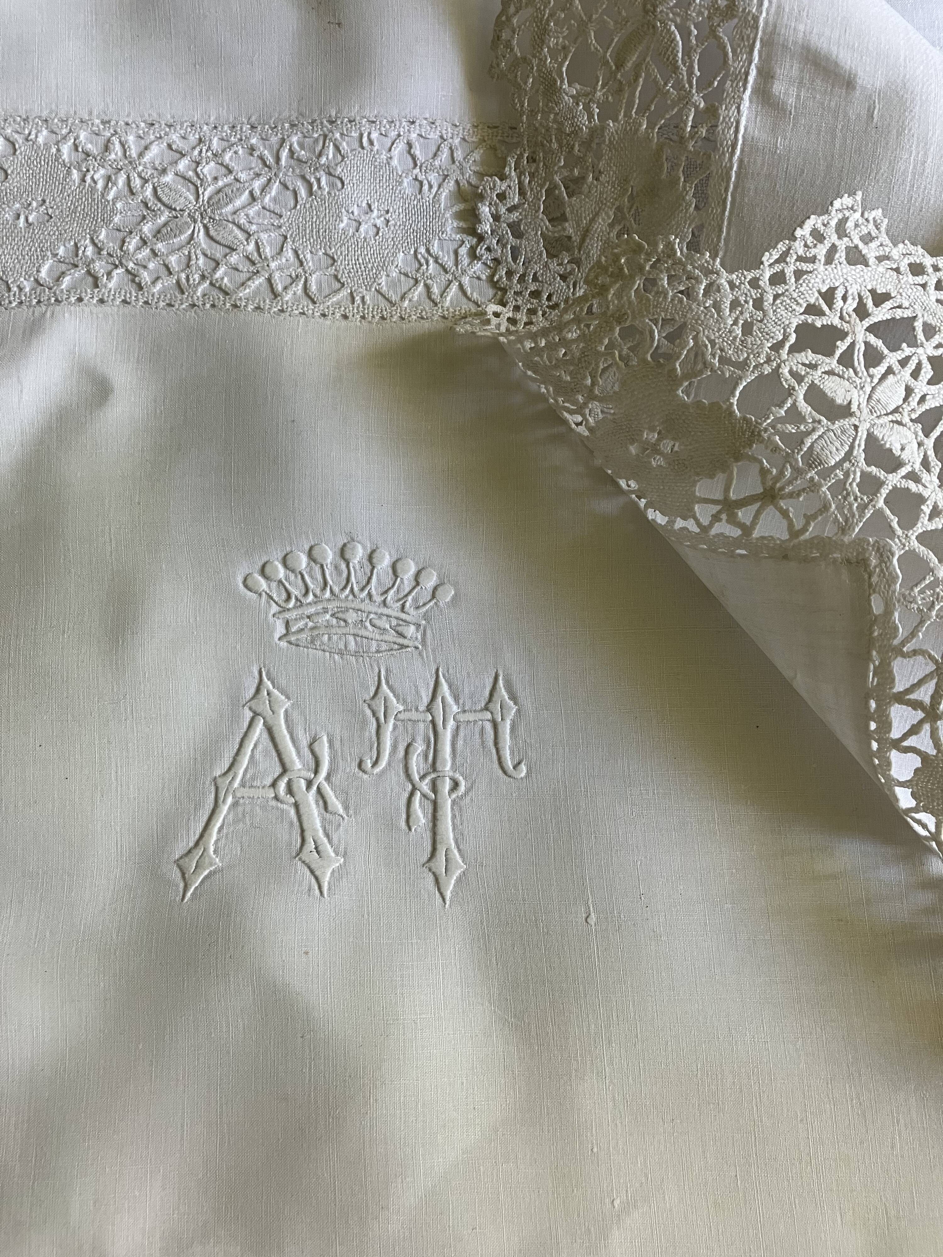 Old linen, pillowcase, AT monogram