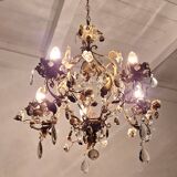 Lustre italien antique à 5 bras, roses en céramique et gouttes de cristal *ROMANCE*